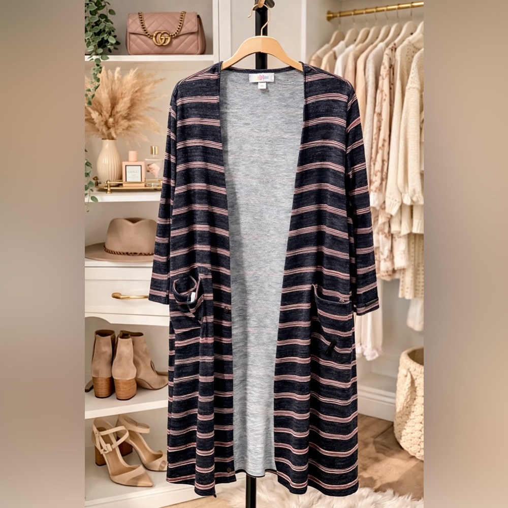 LuLaRoe Sarah Cardigan Duster Striped Gray Pink Long Open Front Size M